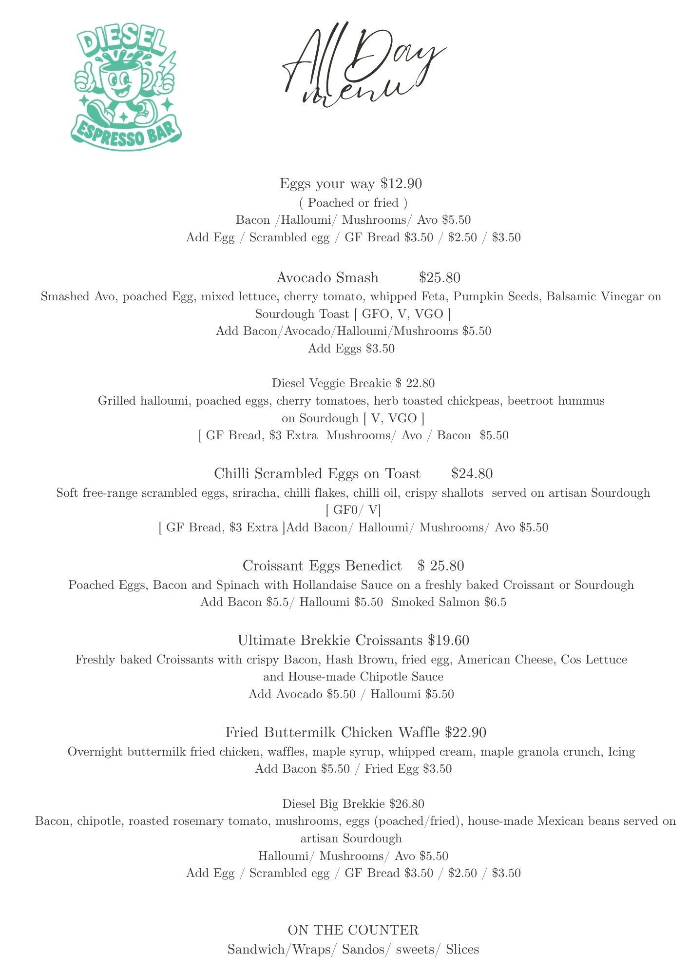 Diesel Espresso Drinks Menu