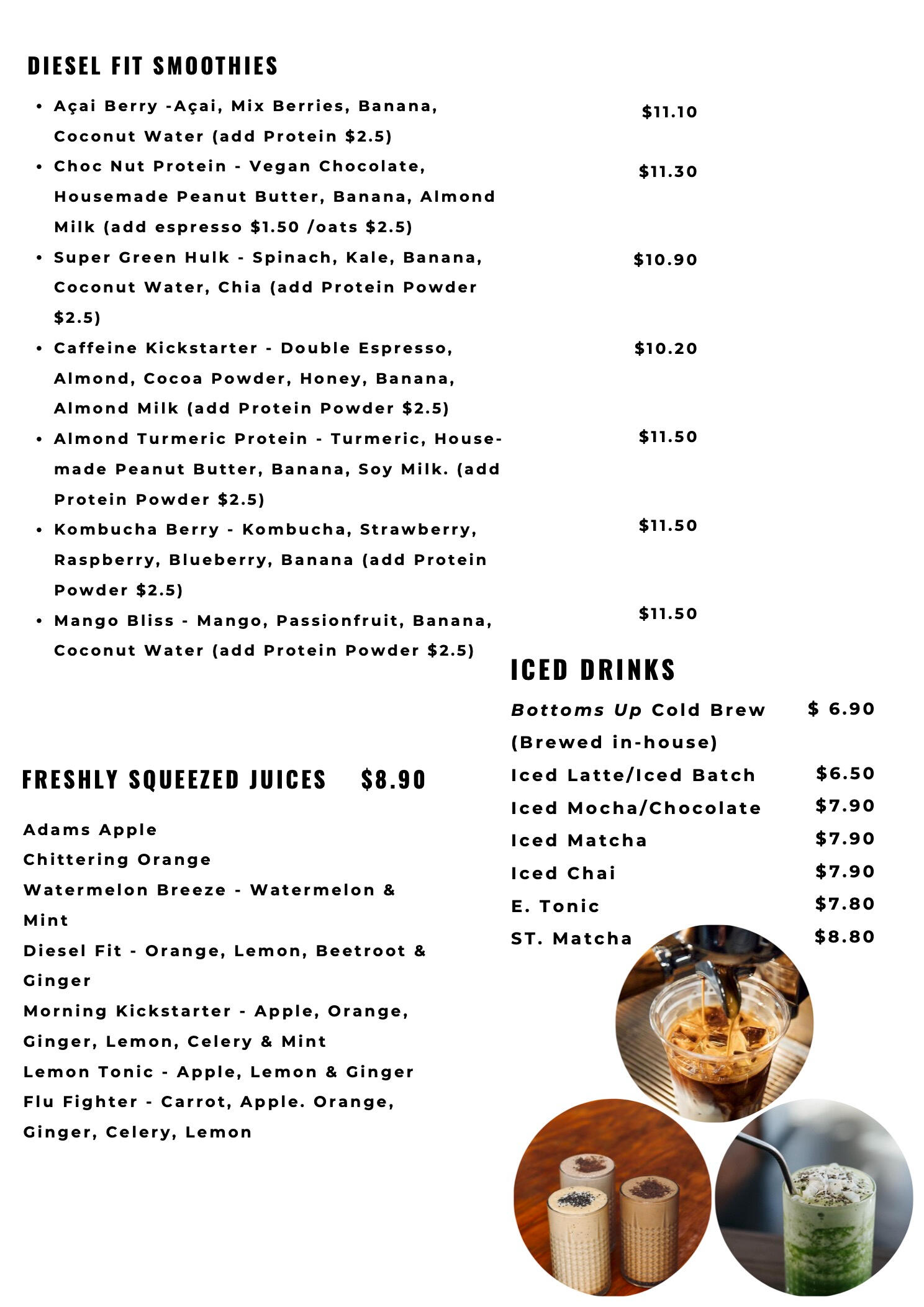 Diesel Espresso Smoothie and Food Cafe Menu